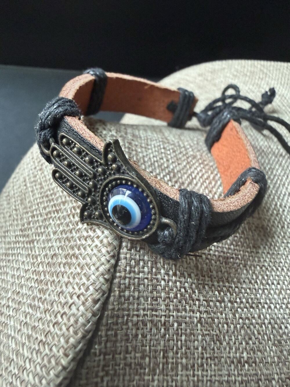 Fortune Hand Turkish Eye Leather Bracelet Hamsa Black Travel Boho Festival
